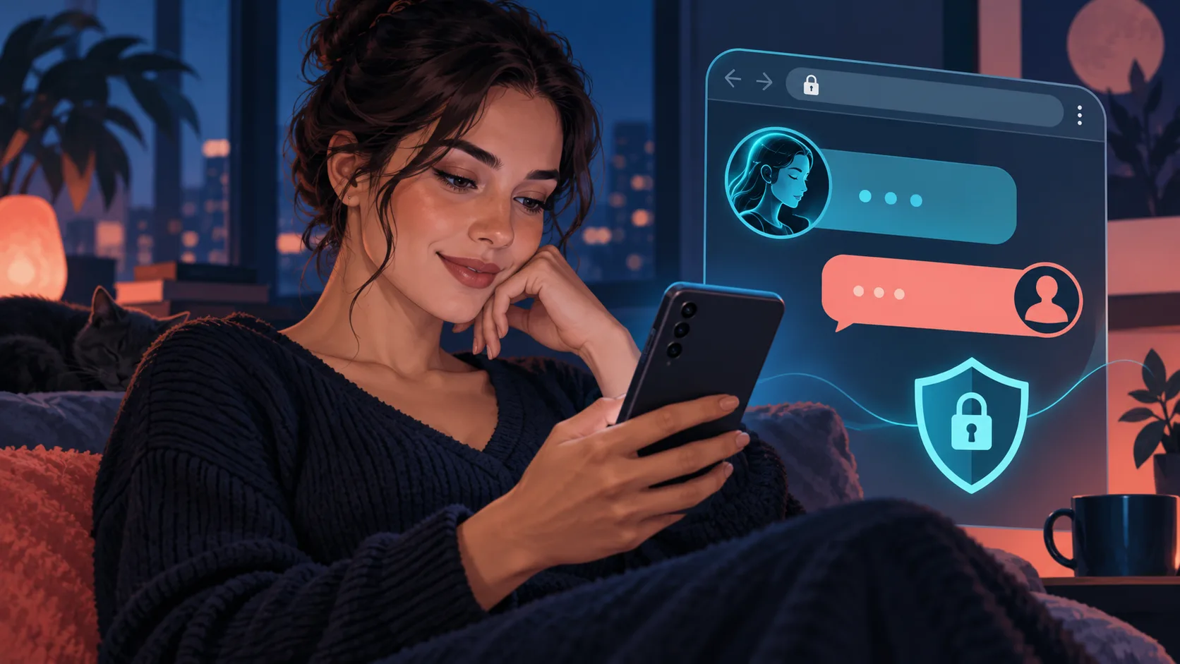 Adult using an Android phone with an abstract AI companion browser chat and privacy shield