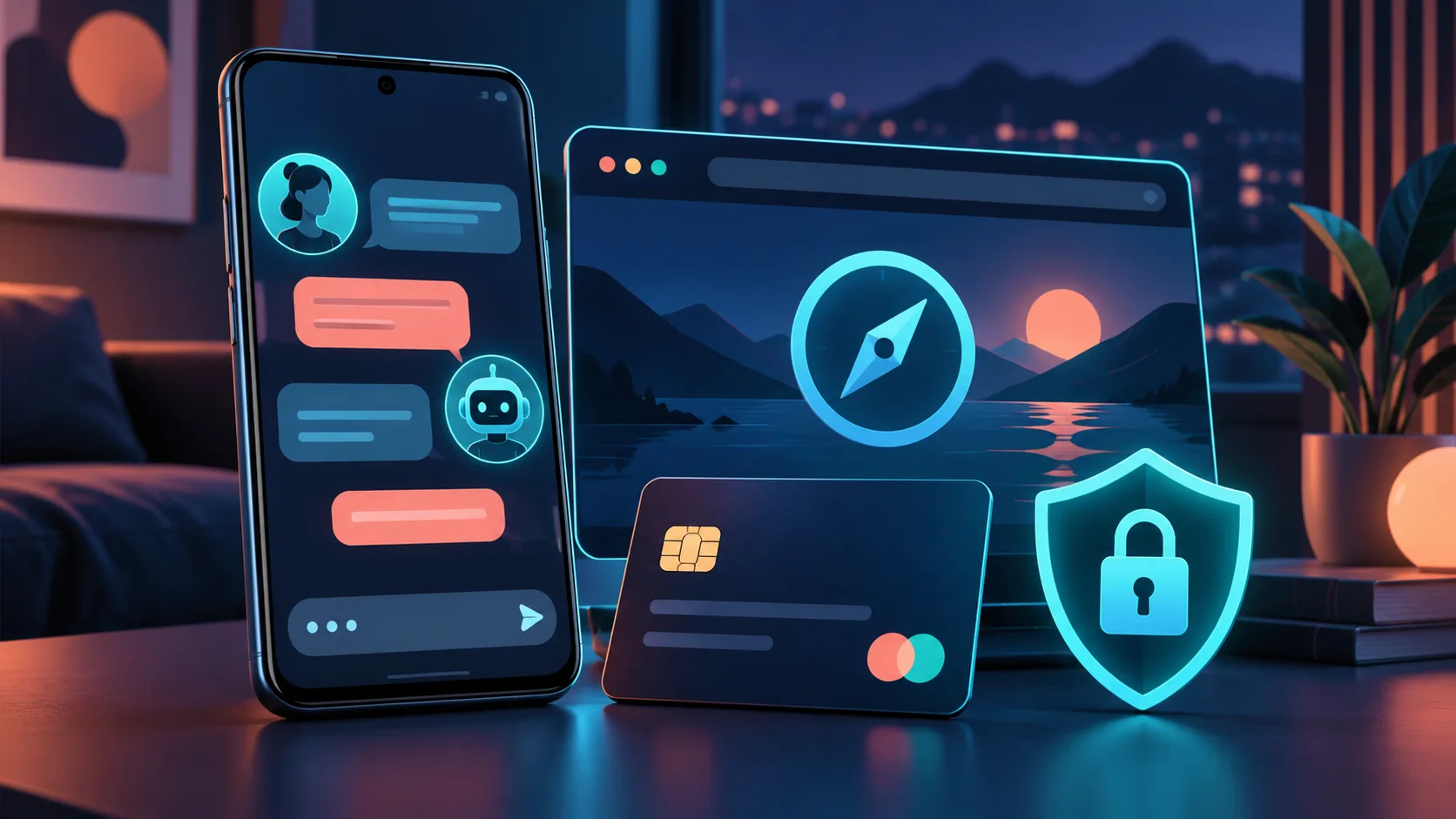 Android phone beside browser, privacy and payment icons for an AI companion web-app guide