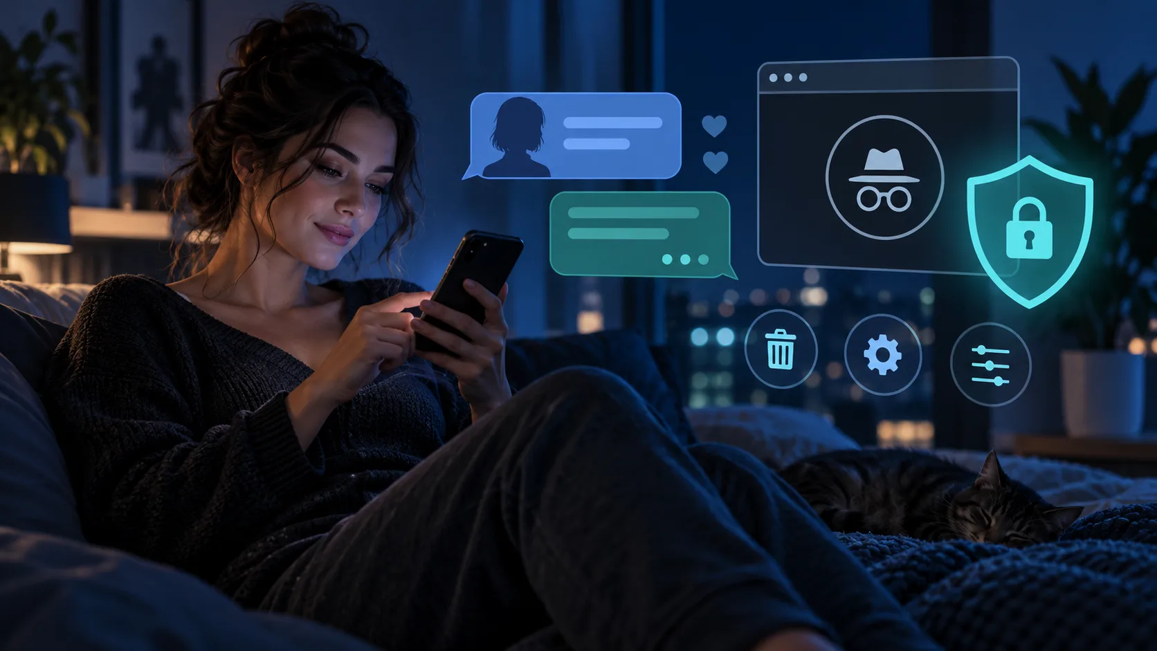 Adult using an Android AI chat with abstract privacy controls and a shield